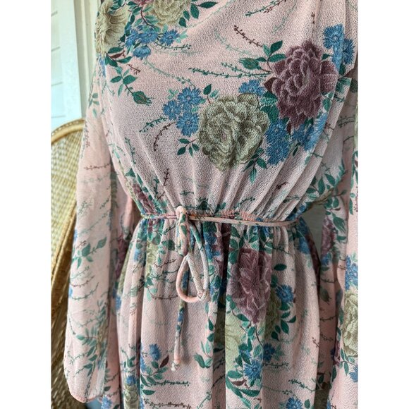Vintage 60's Pink Floral Chiffon Style Maxi Dress Batwing Sleeves Sz L Boho - Picture 7 of 16
